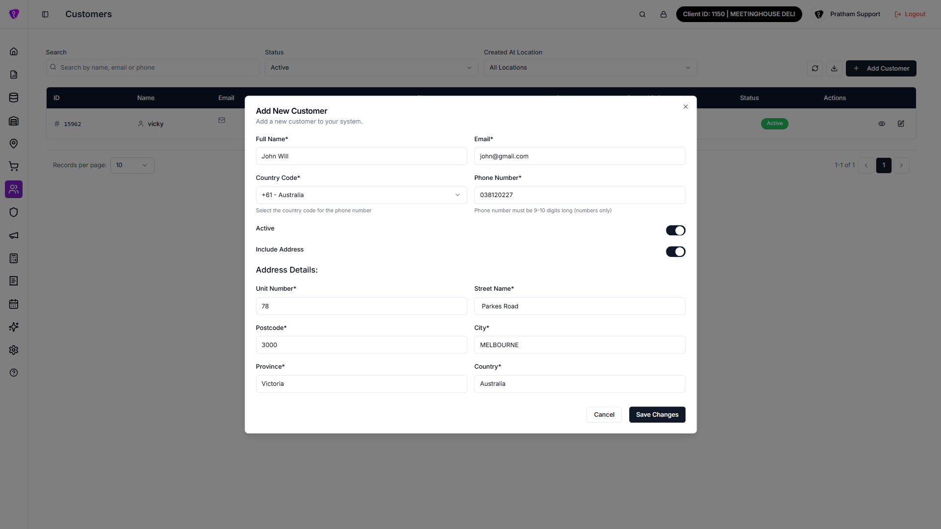 Add new customer dialog