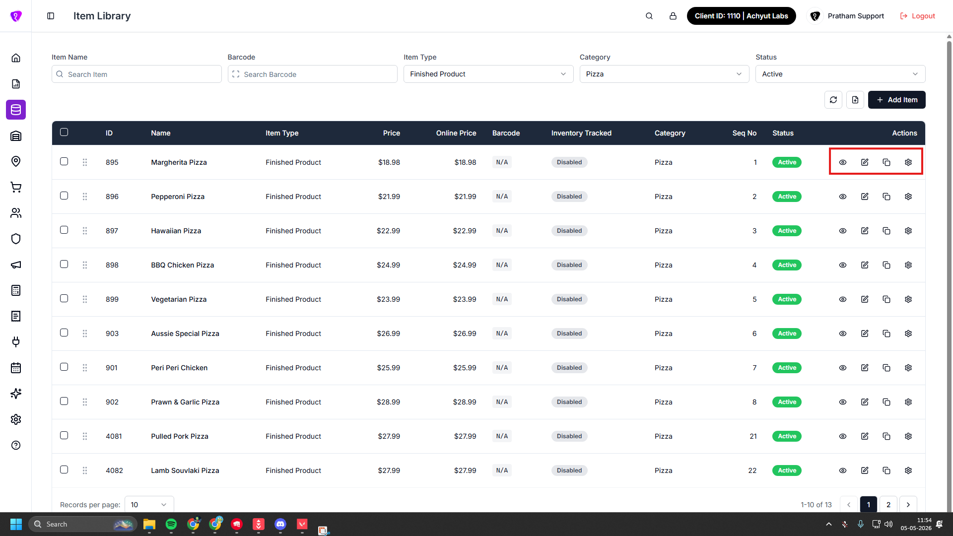 Item row actions view edit copy and assign attributes