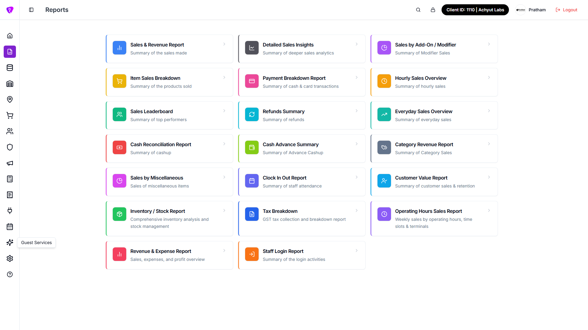 Reports hub showing report cards