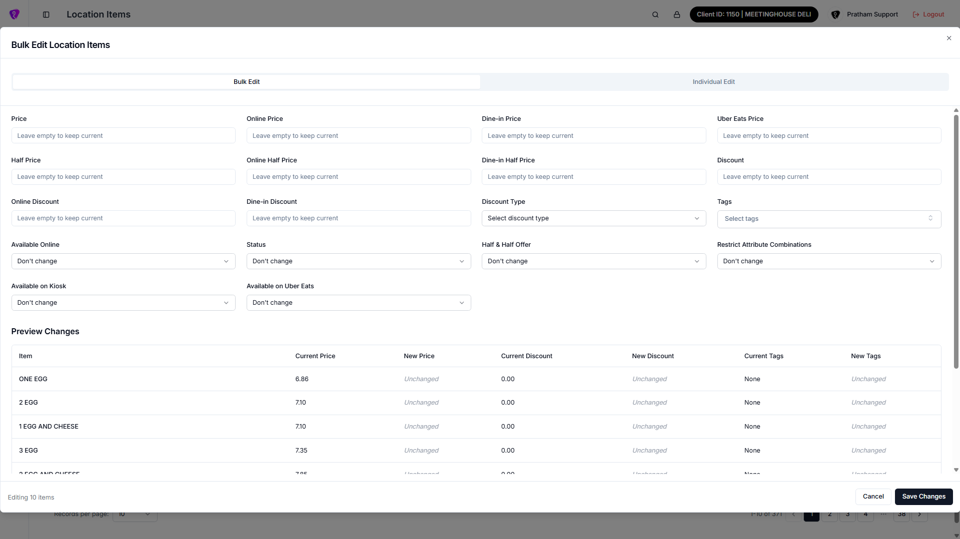 Bulk edit mode for selected location items
