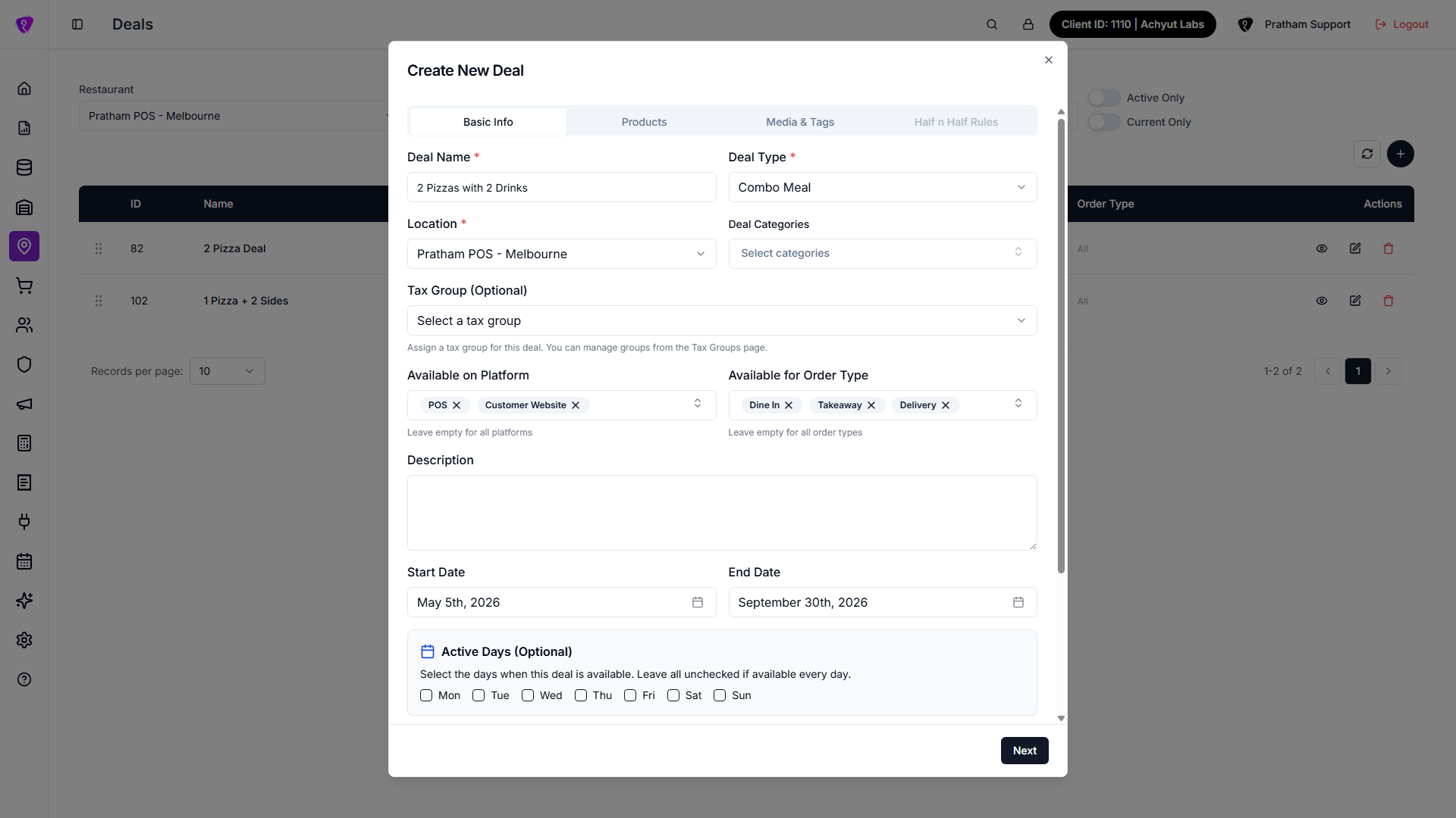Create new deal form