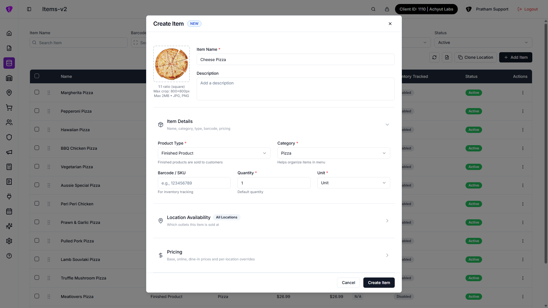 Create item dialog in Items V2