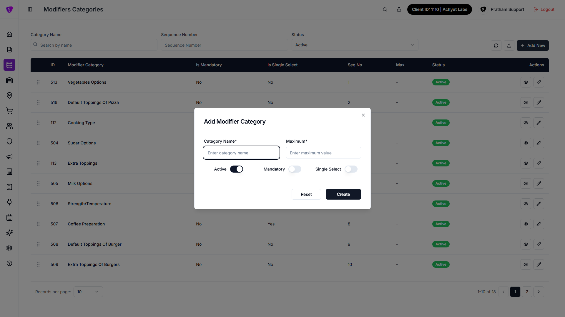 Create modifier category dialog