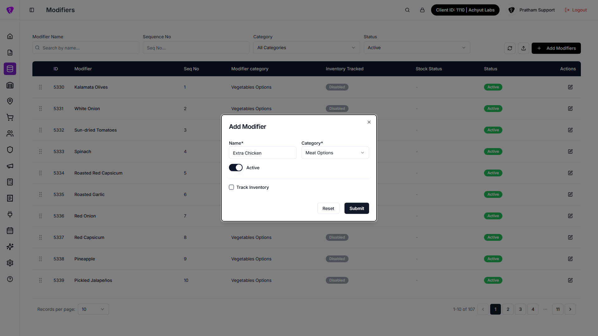 Create modifier form with category and inventory controls
