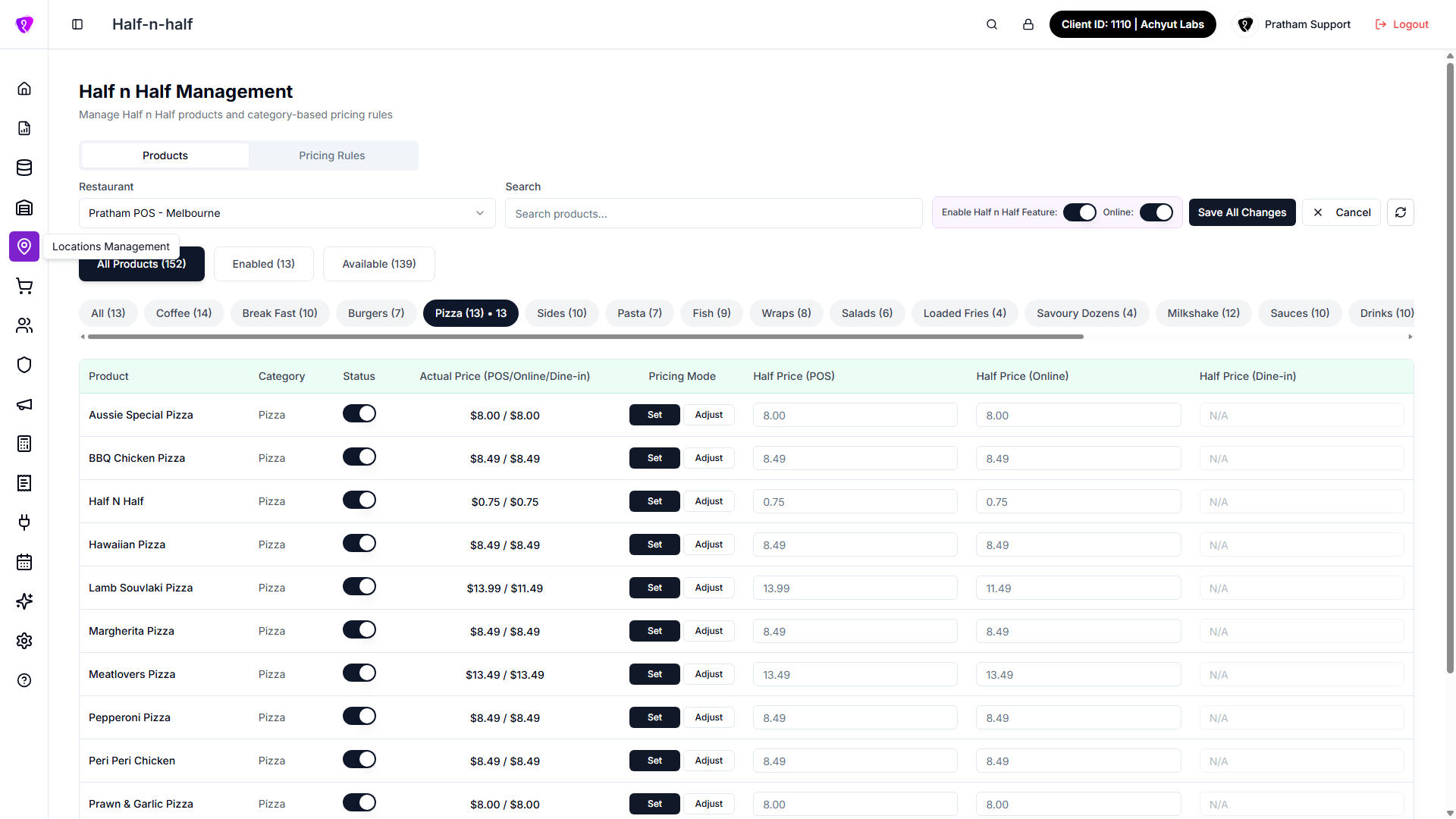 Edit half n half prices and pricing rules