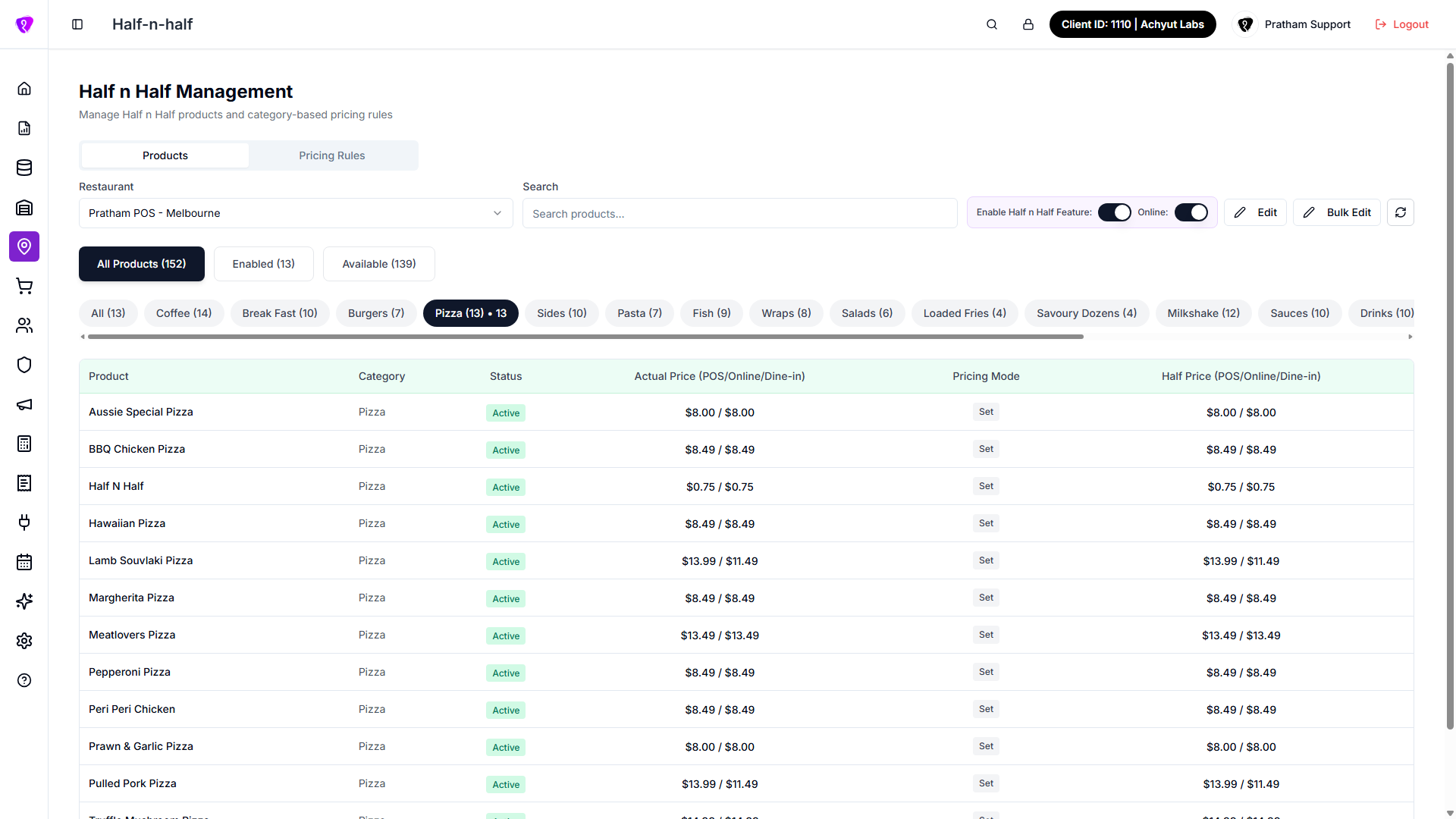 Half n Half Management overview screen