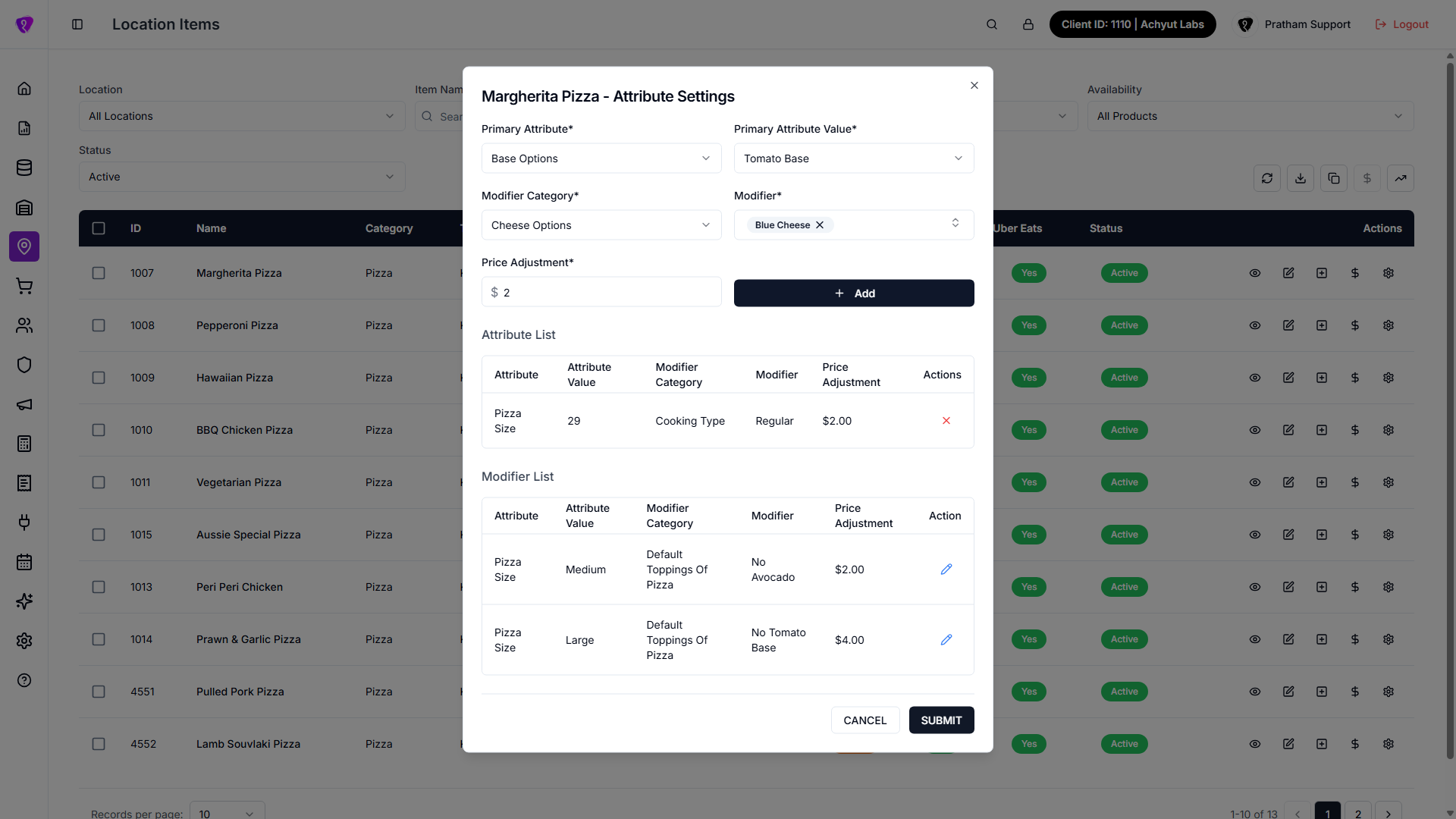 Attribute settings panel for location item