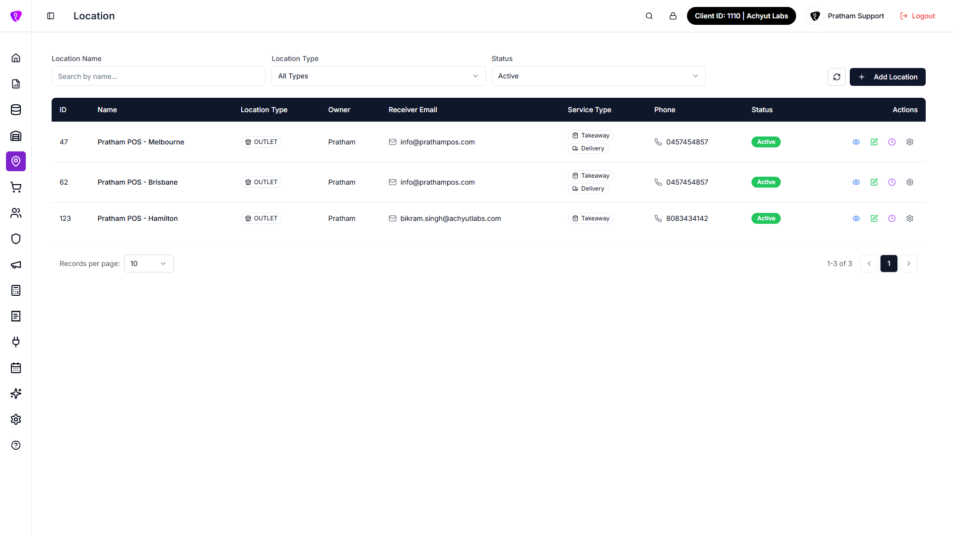 Location list with filters, table and toolbar