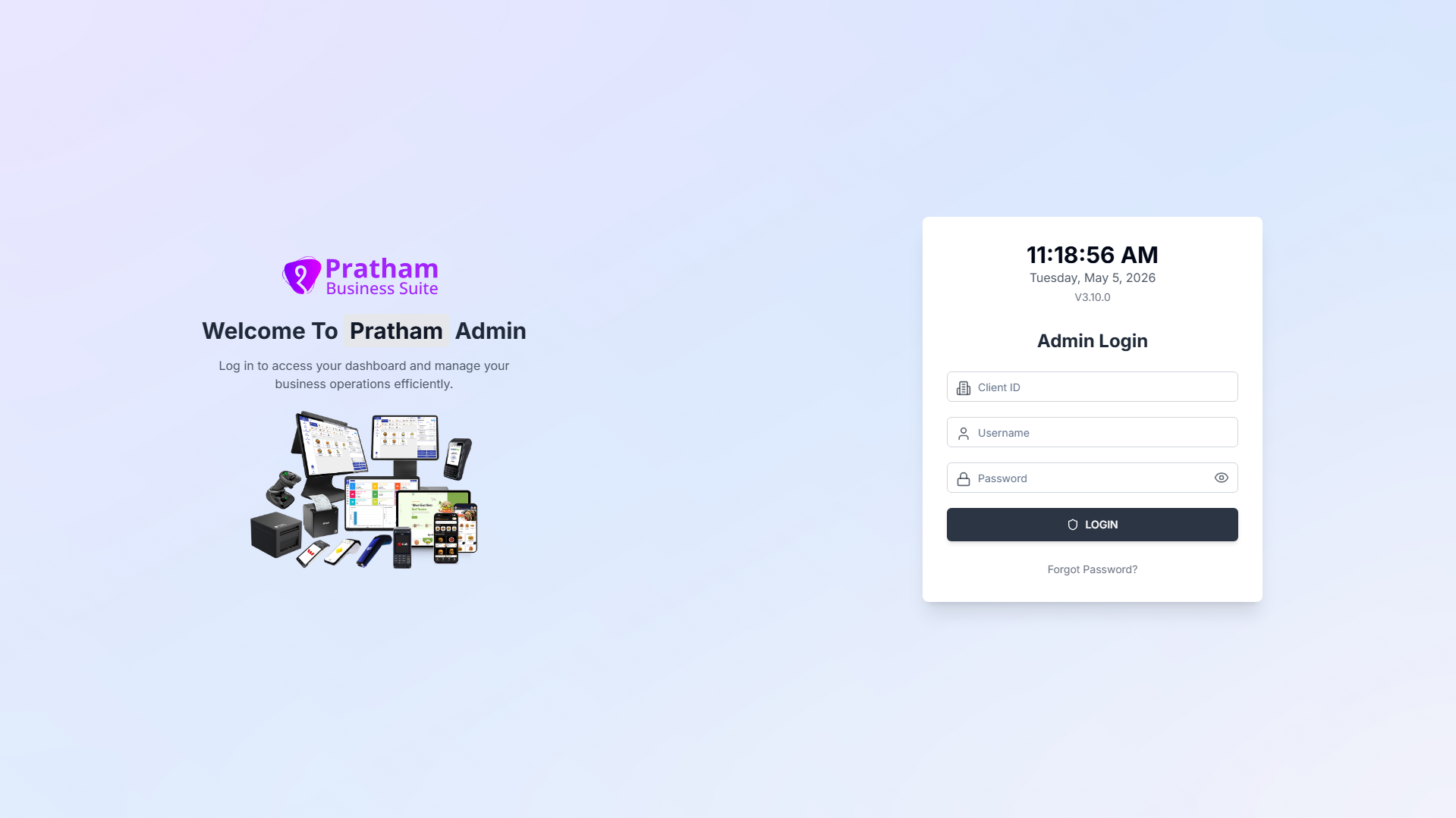 Admin login page with client ID, username, and password fields