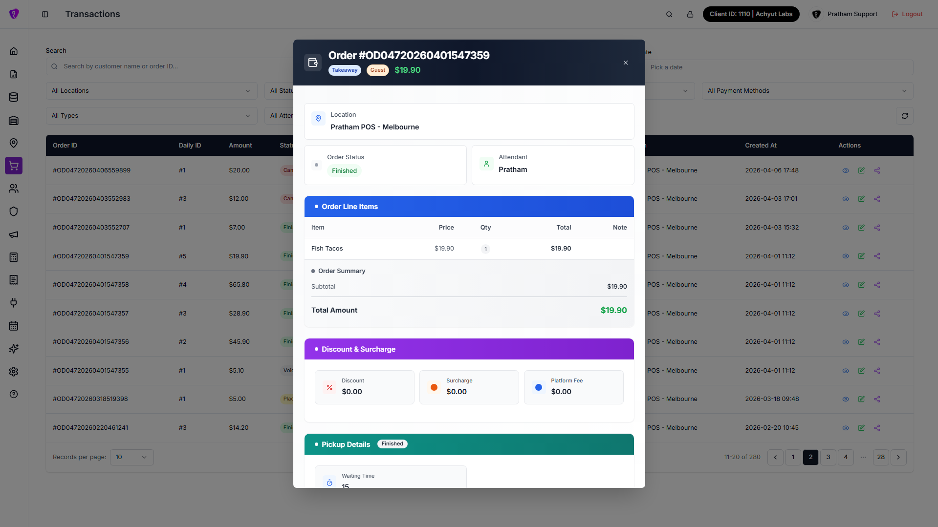 Order details view from transactions