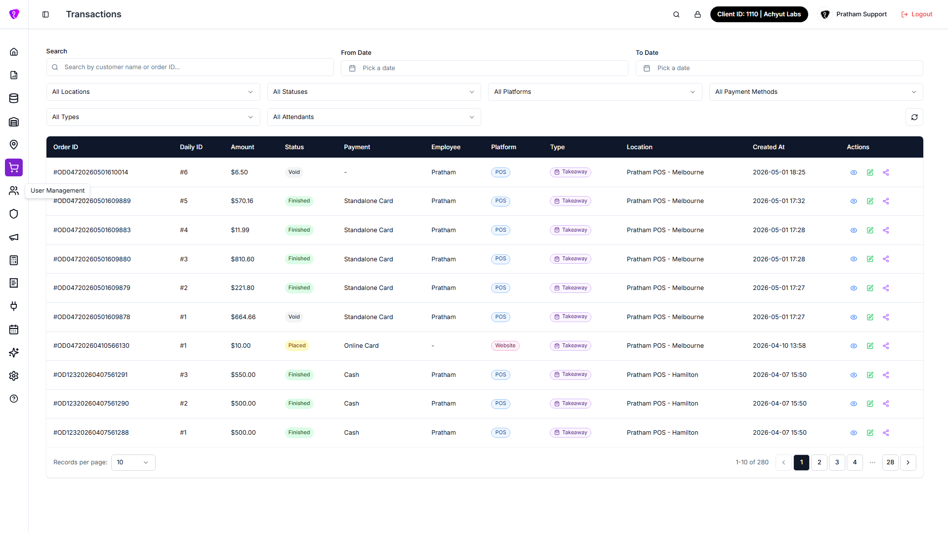 Transactions list with filters