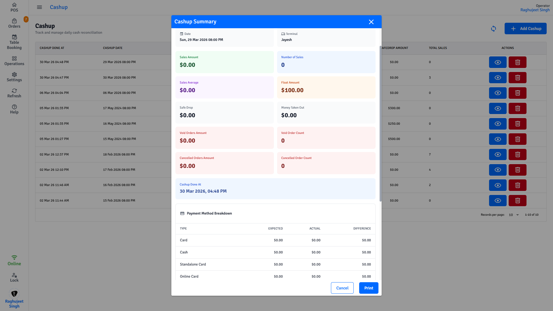 Pratham POS Cash Reconciliation Report Pratham POS cash reconciliation report - completed cash-up with sales summary, discrepancies, and payment breakdown