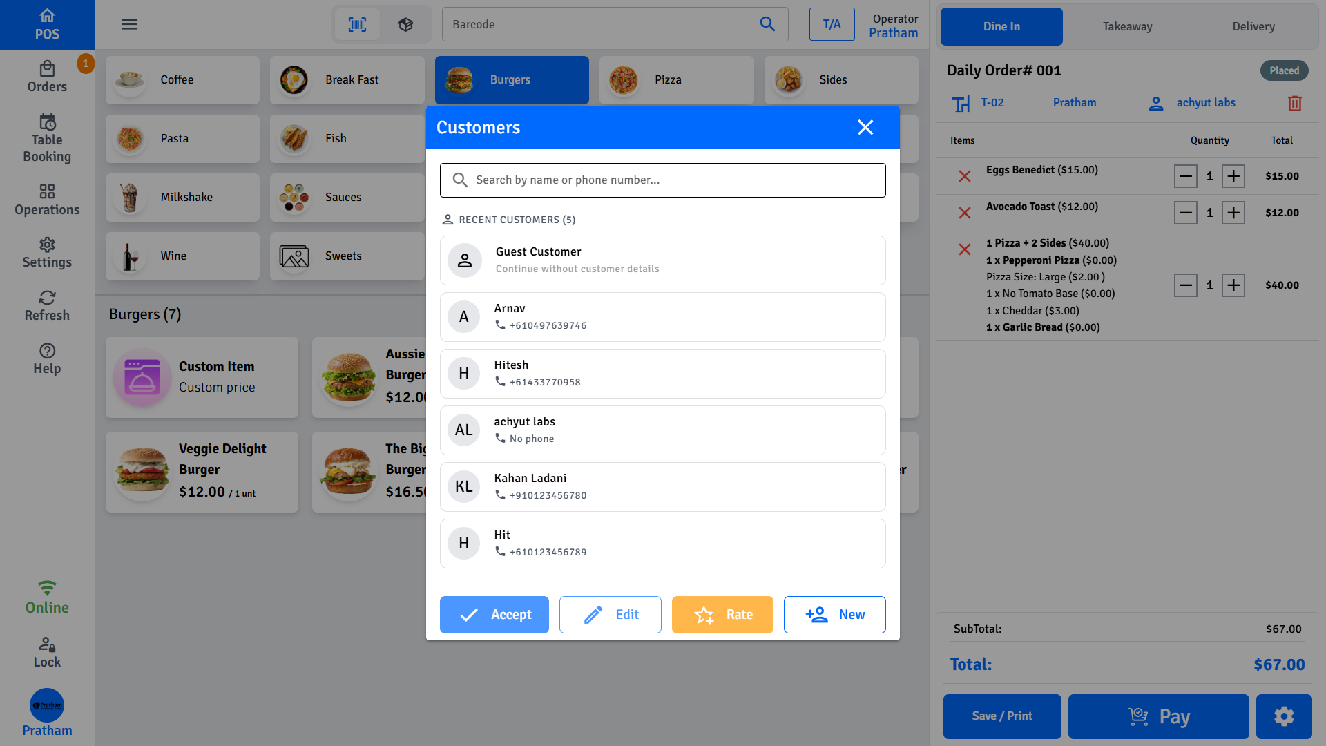 Pratham POS Customer Lookup Pratham POS customer lookup - search customers by name, phone, or email to link to an order