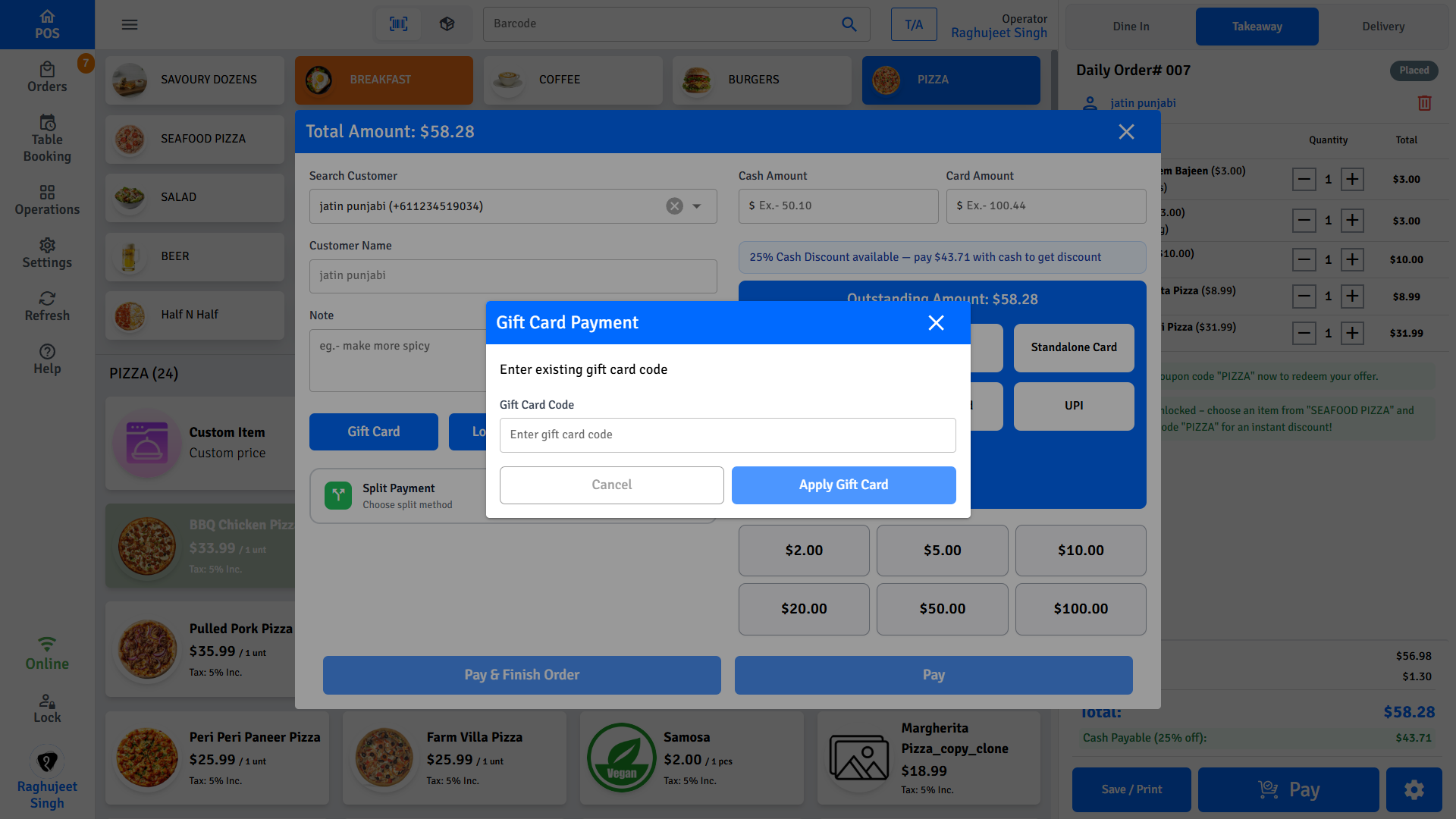 Pratham POS gift card payment - enter gift card code to apply balance to the order