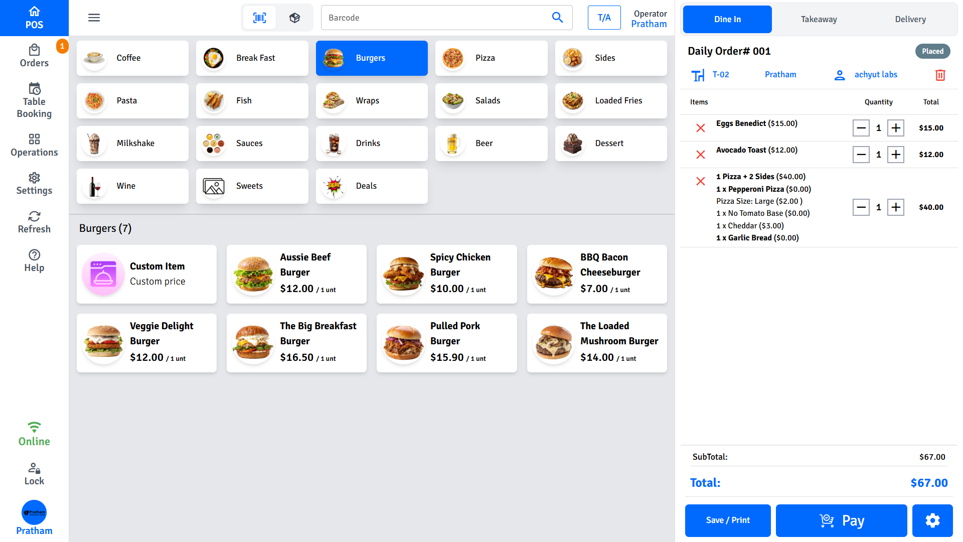Pratham POS home screen - item grid, cart panel, and navigation sidebar