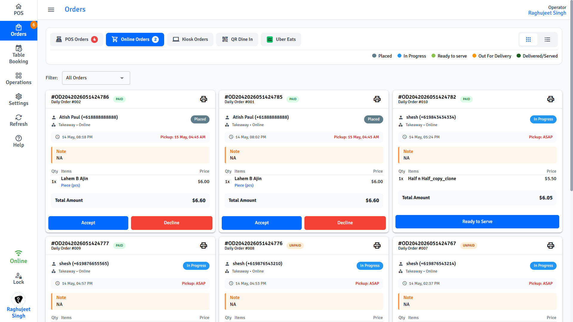 Pratham POS Online Order Management Pratham POS online order management - accept or decline incoming online orders