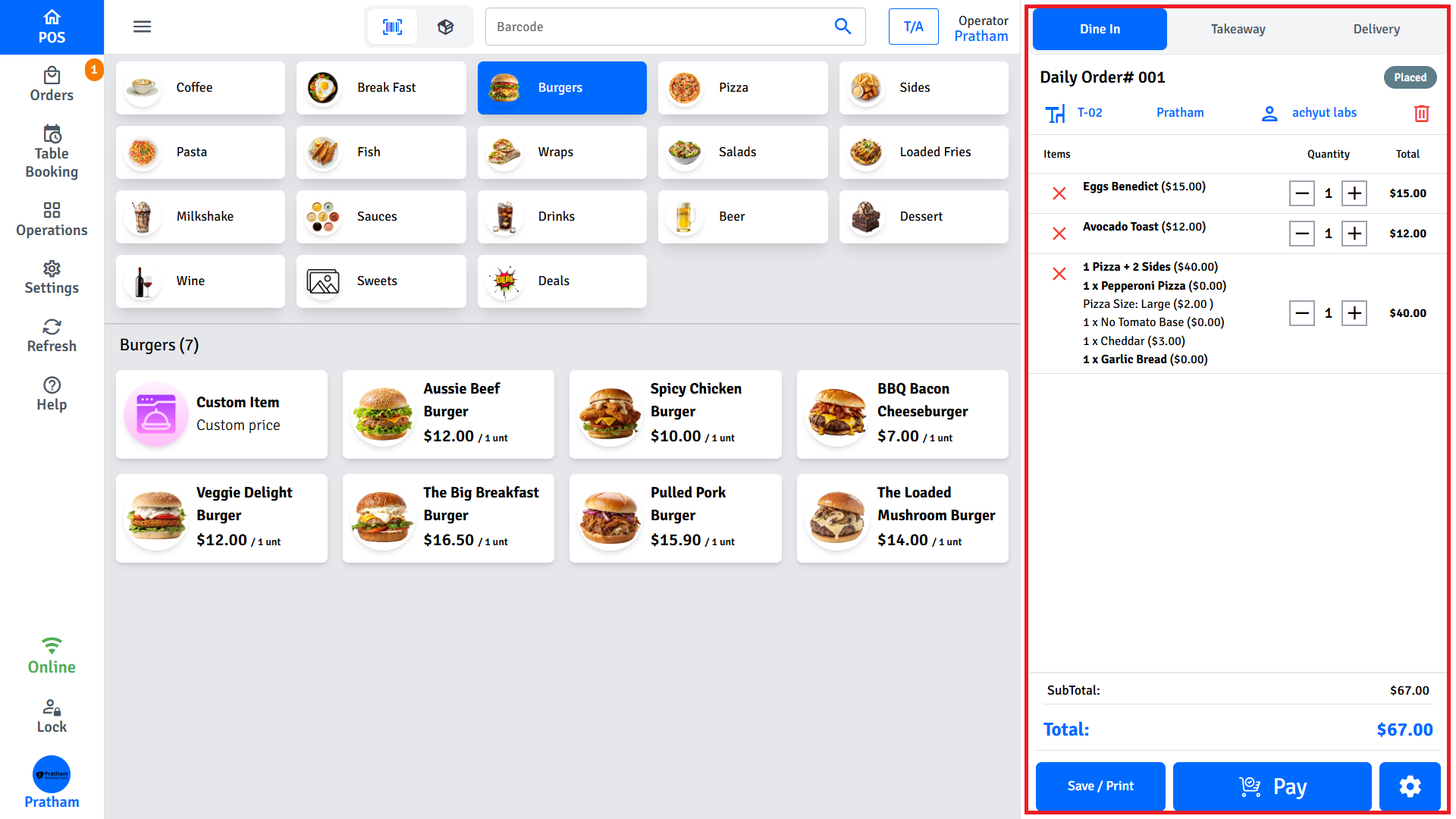Pratham POS order cart - items, quantities, modifiers, and checkout button