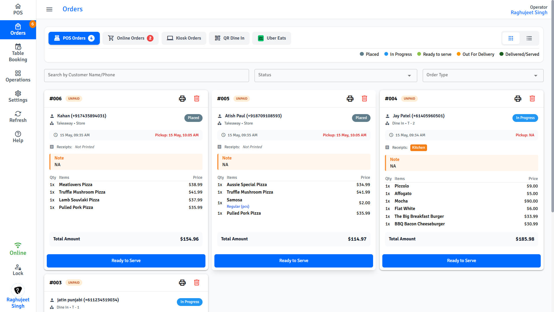 Pratham POS Order Management Pratham POS order management screen - view and manage all active POS orders