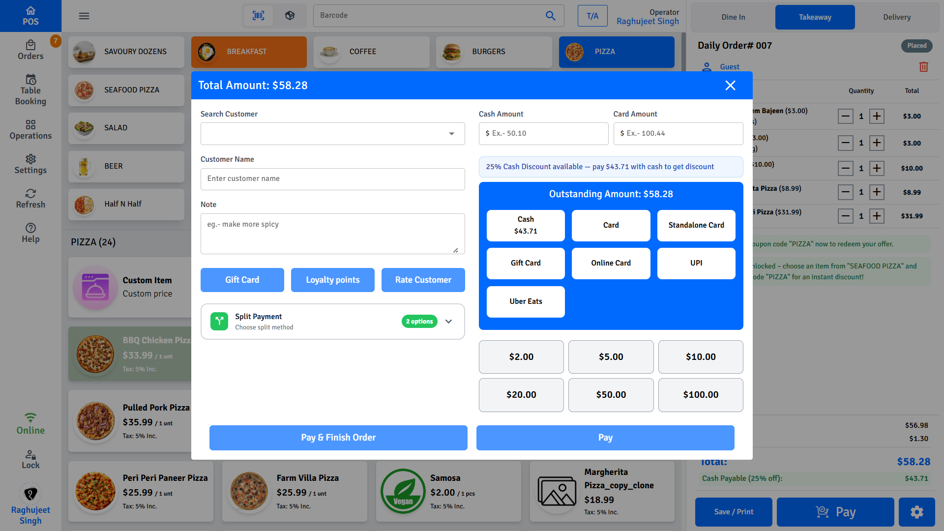 Pratham POS payment checkout - select cash, card, or gift card to process payment