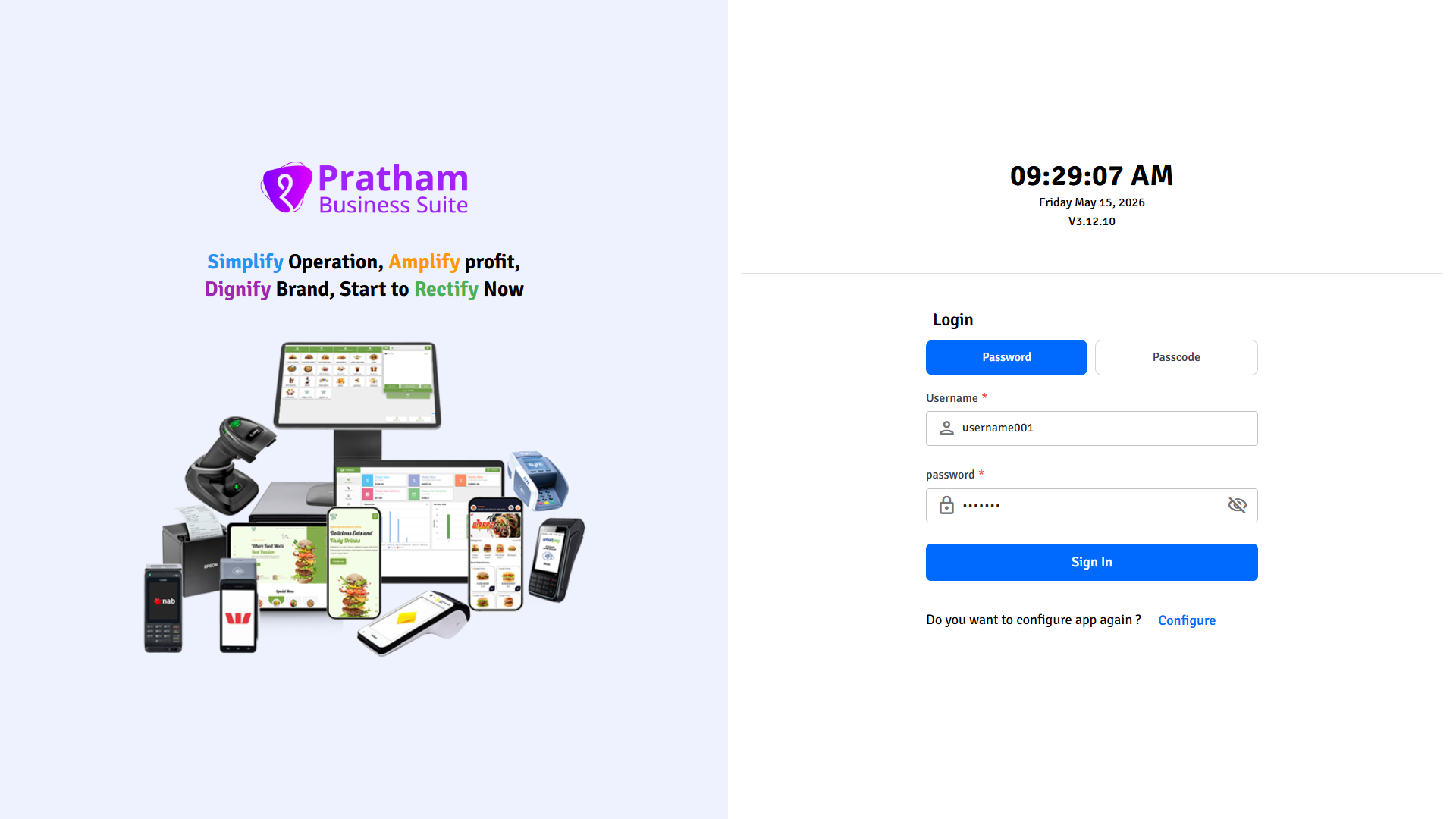 Pratham POS Staff Login Pratham POS staff login screen - enter username and password to sign in