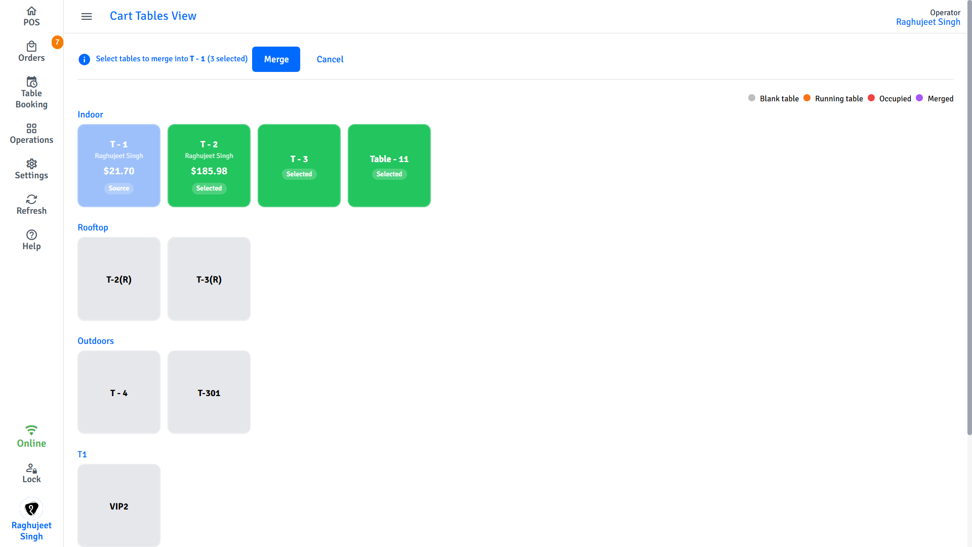 Pratham POS table merge - combine multiple table orders into a single bill