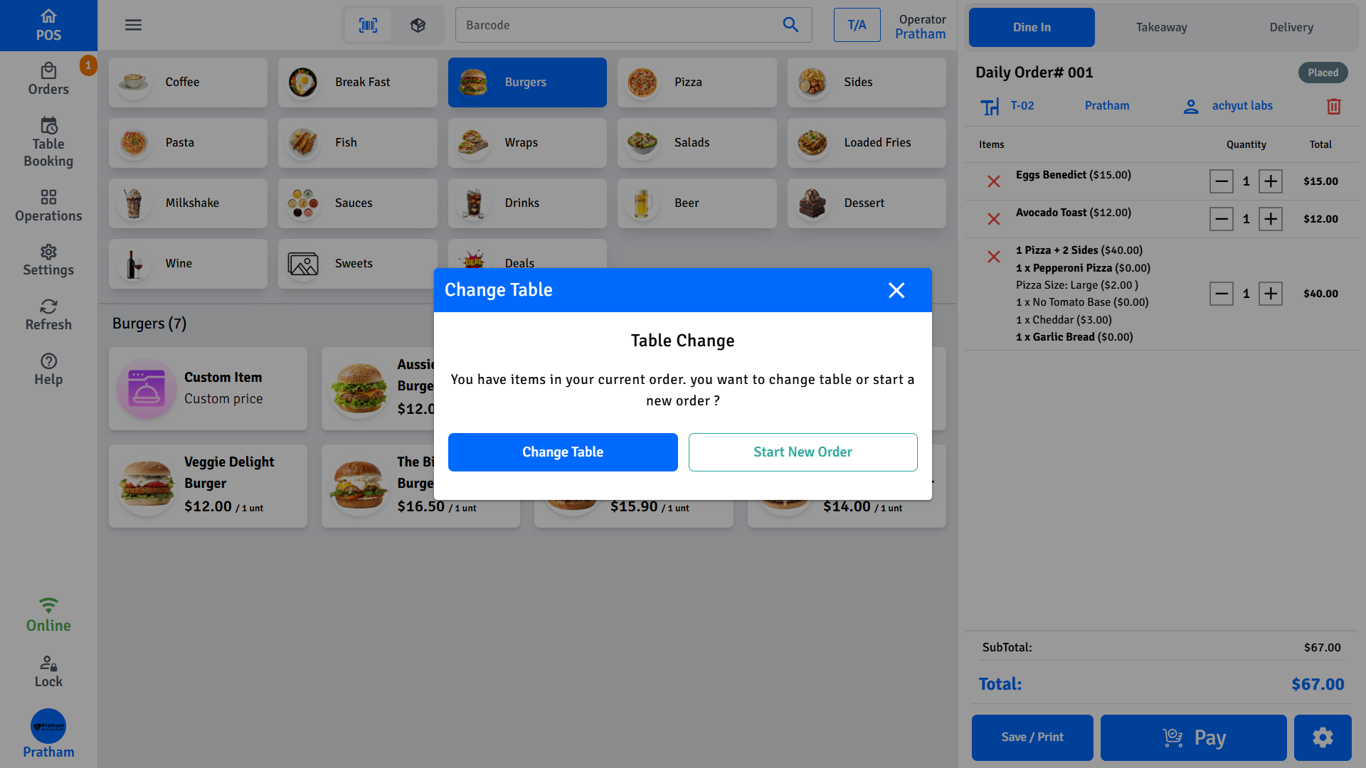 Pratham POS table transfer - reassign an active dine-in order to a different table