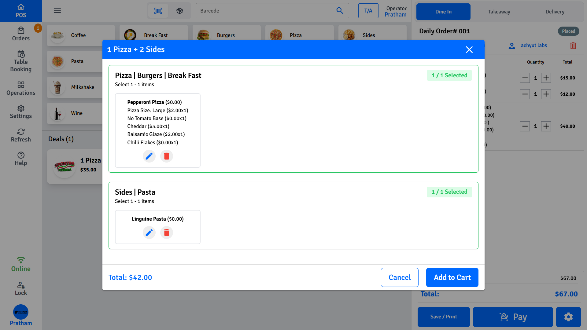 Pratham POS Combo Deal Builder Pratham POS combo deal builder - select items for each group