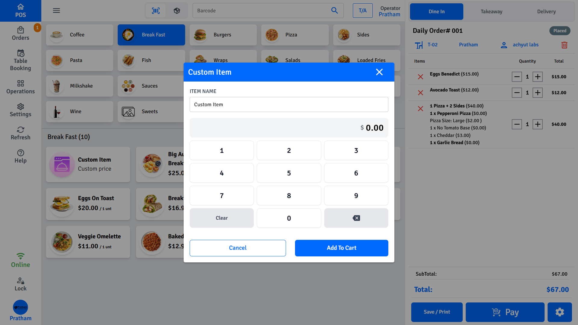 Pratham POS Custom Item Entry Pratham POS custom item entry - quickly add a one-off item with name, price, and tax selection