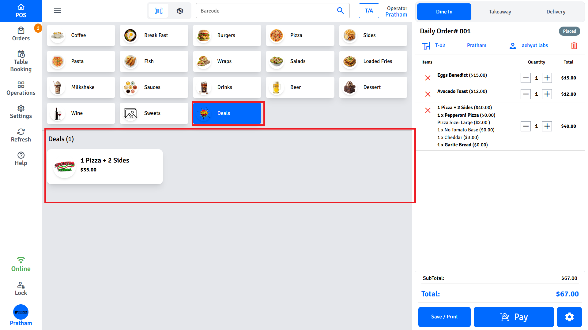 Pratham POS Deals Menu Pratham POS deals menu - combo, BOGO, and bundle deals visible on the item grid
