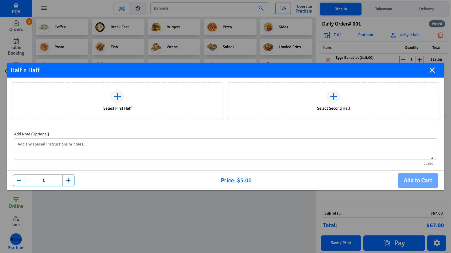 Pratham POS Half and Half Builder Pratham POS half and half builder - select two different items to split a single menu item