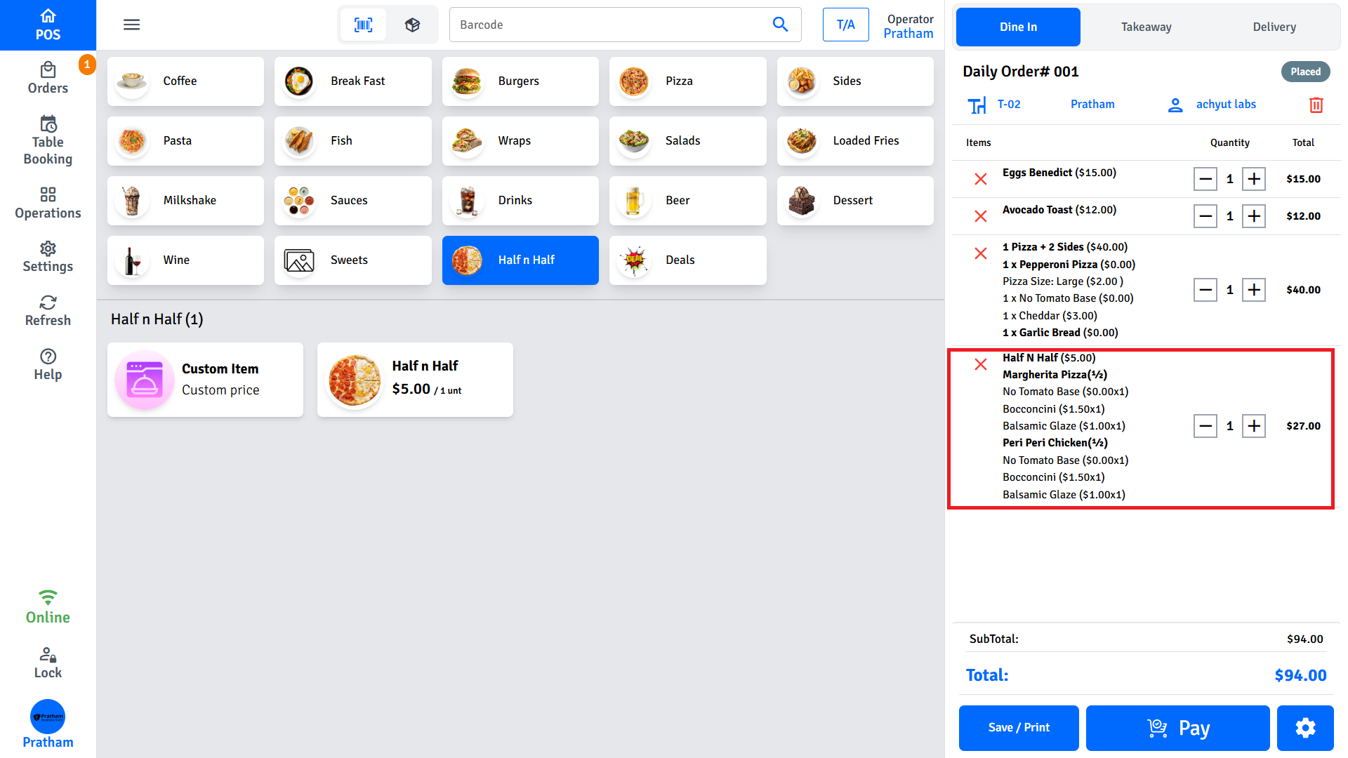 Pratham POS Half and Half Cart Item Pratham POS half and half cart item - single line item showing both halves and their respective modifiers
