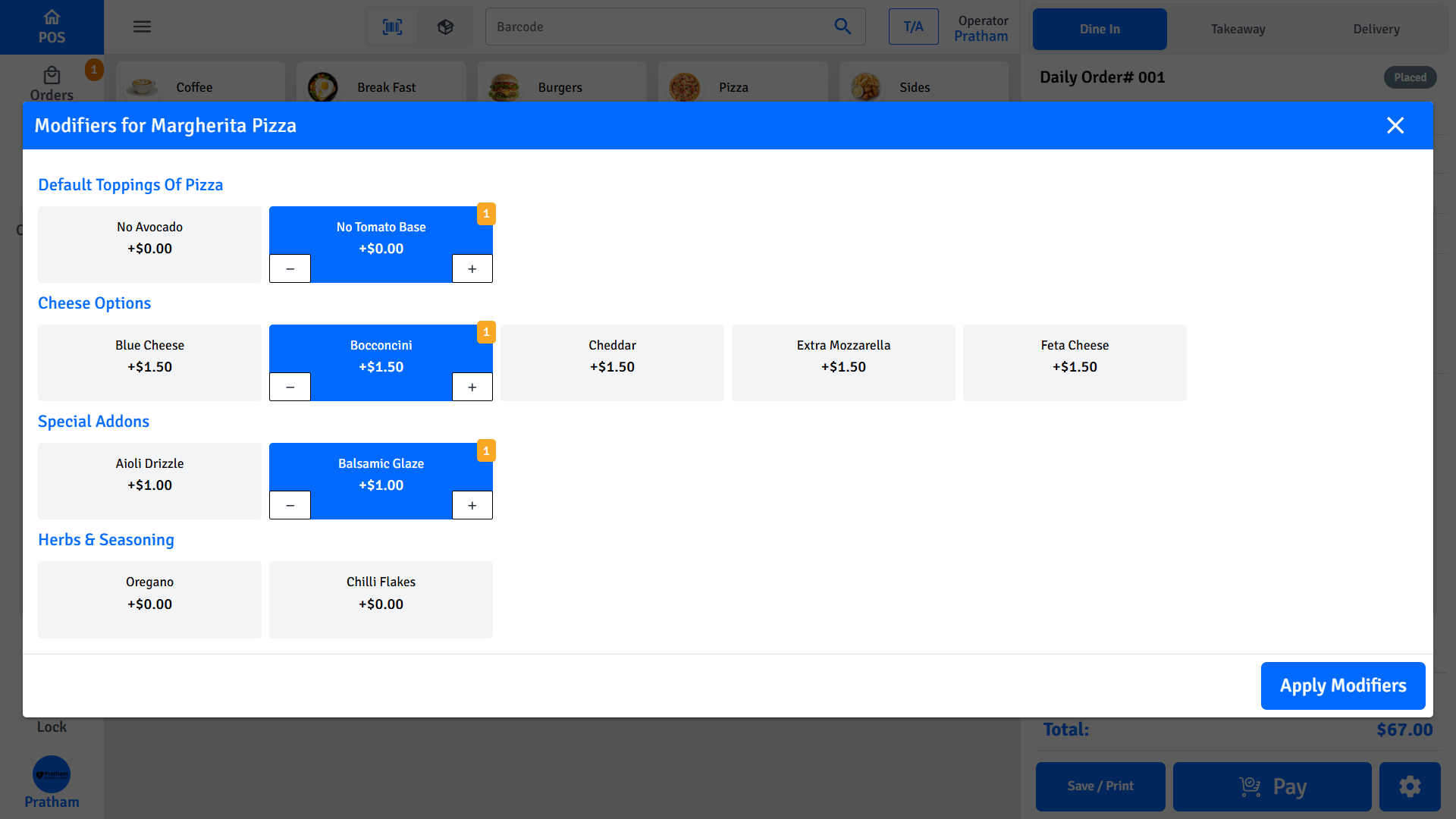 Pratham POS Half and Half Modifiers Pratham POS half and half modifiers - independently select modifiers for each half of the item
