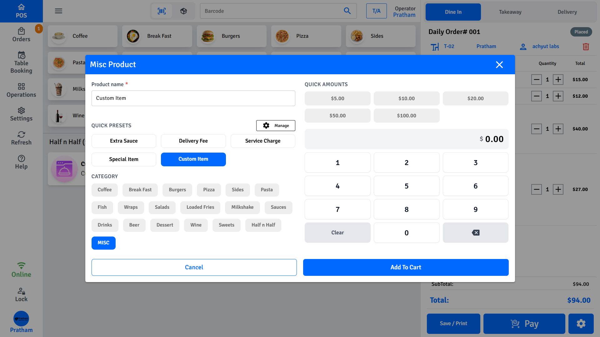 Pratham POS Misc Item Entry Pratham POS misc item entry - add an unlisted item with custom name, category, and price