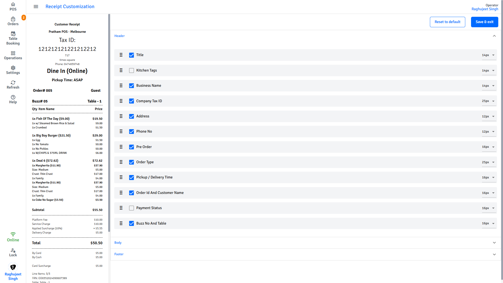 Pratham POS receipt editor - header section with live preview on the left and field toggles on the right