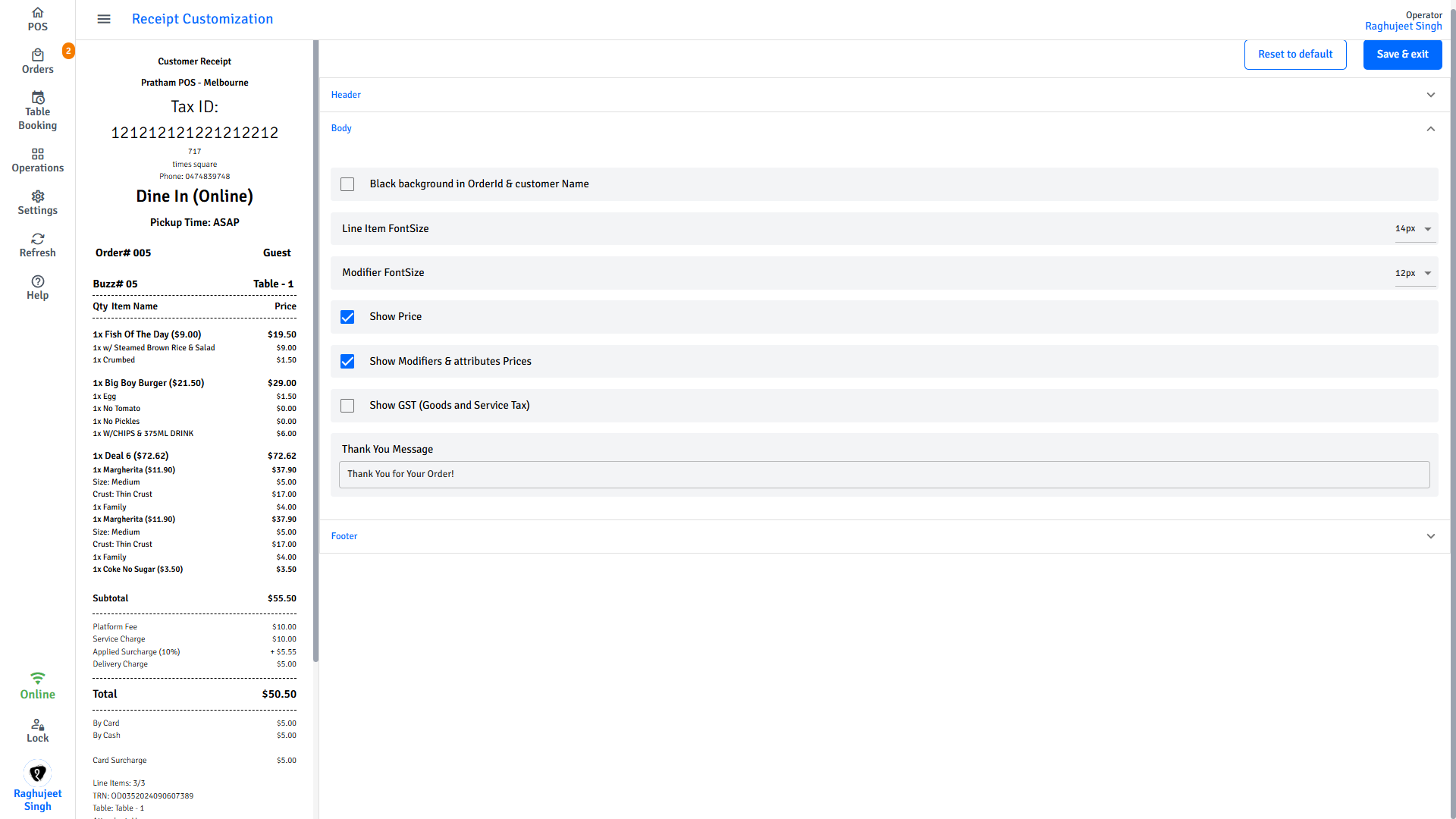 Pratham POS receipt editor - body section showing font size, price and GST toggles, and Thank You message