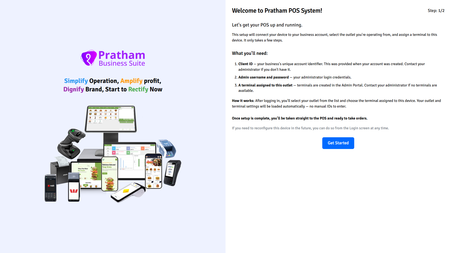 Pratham POS First-Time Setup Welcome Pratham POS first-time setup welcome screen - introduction and prerequisites for initial POS configuration