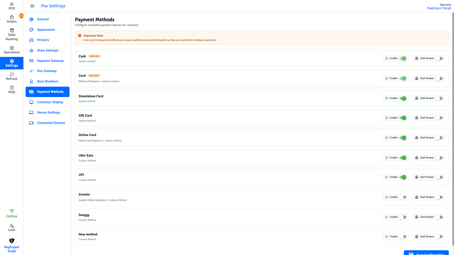 Pratham POS payment methods configuration - enable or disable cash, card, and gift card at checkout