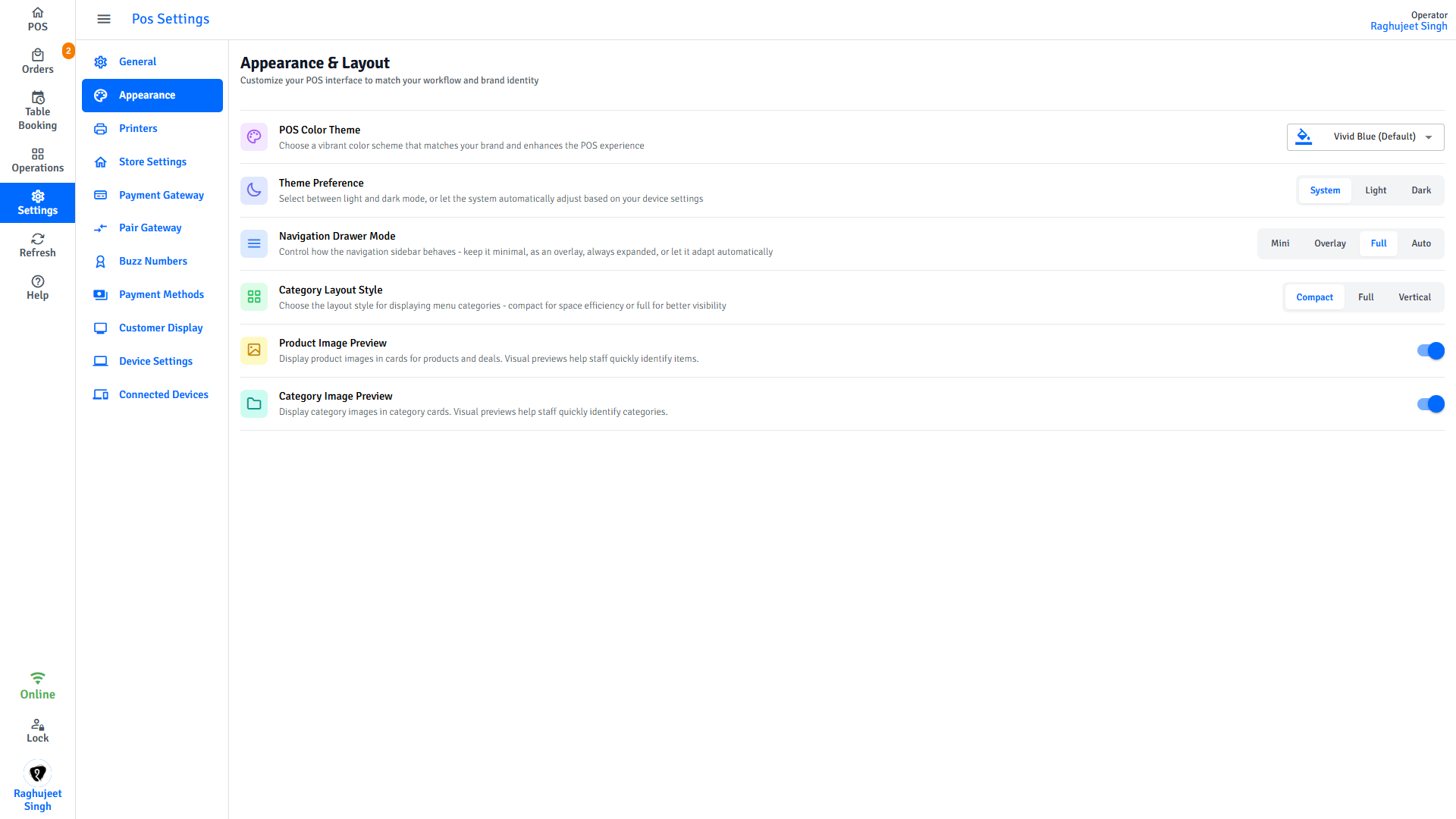 Pratham POS appearance settings - configure theme colour, sidebar mode, and item card layout