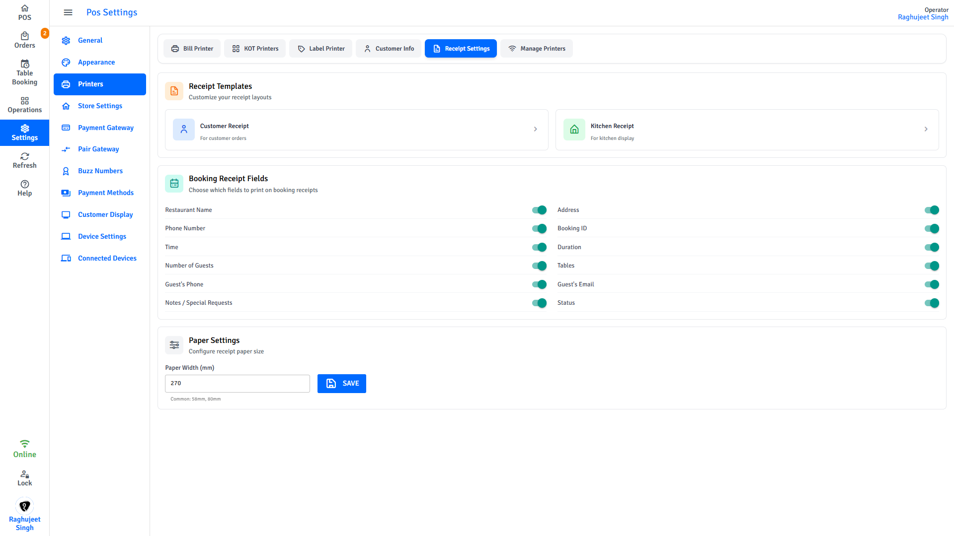 Pratham POS Receipt Settings tab - tap Customer Receipt or Kitchen Receipt card to open the editor