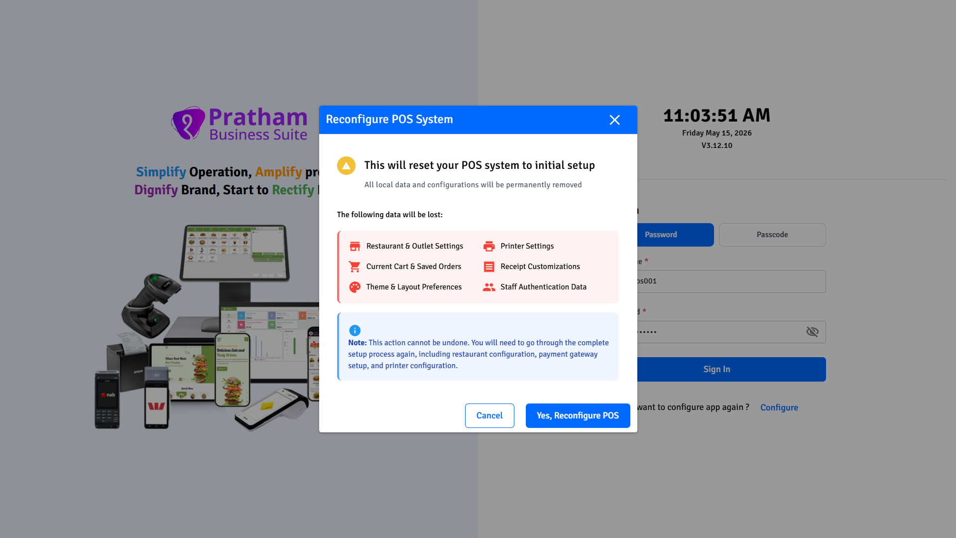 Pratham POS Reconfigure Confirmation Pratham POS reconfigure confirmation - lists all local device data that will be permanently deleted on reset