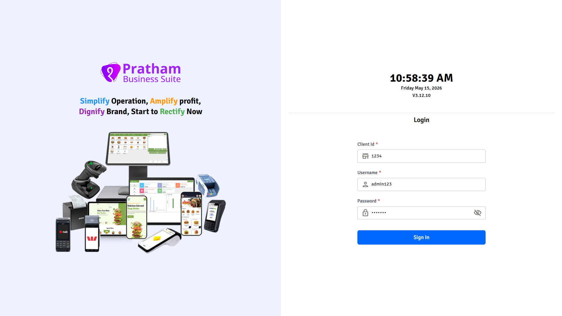 Pratham POS Setup Admin Login Pratham POS setup admin login - enter Client ID, username, and password to begin POS configuration