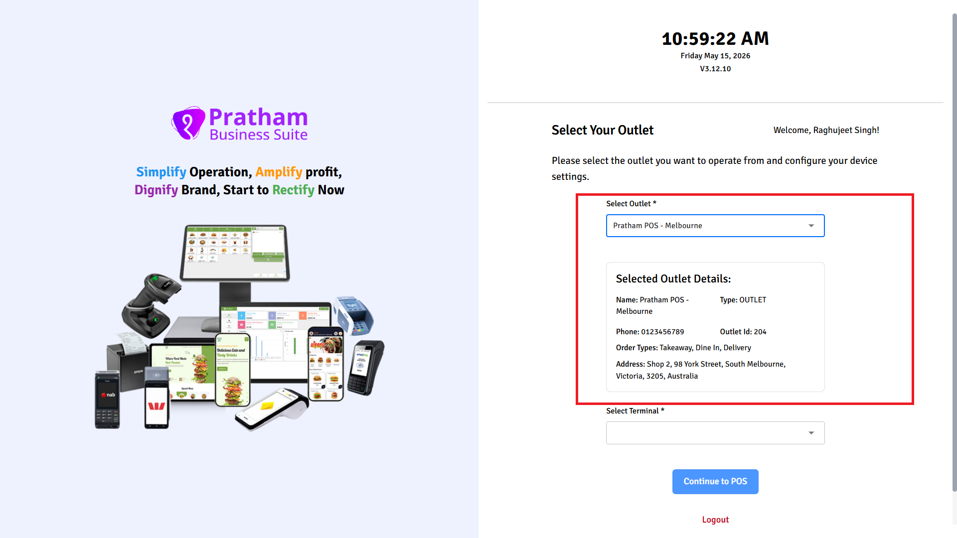 Pratham POS Setup Outlet Selection Pratham POS setup outlet selection - choose the restaurant location to assign to this terminal
