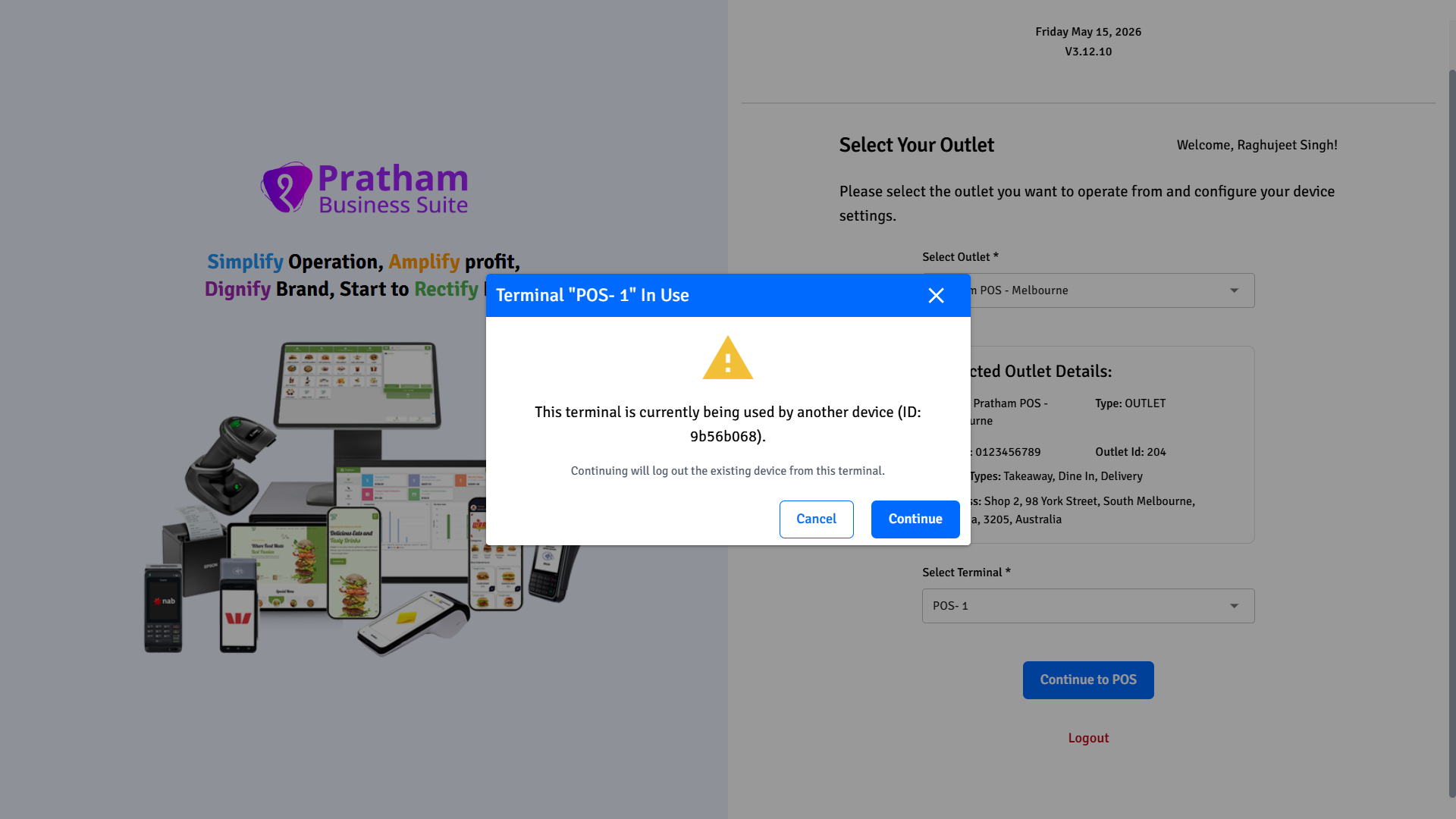 Pratham POS Terminal In Use Warning Pratham POS terminal in use warning - selected terminal is already registered on another device