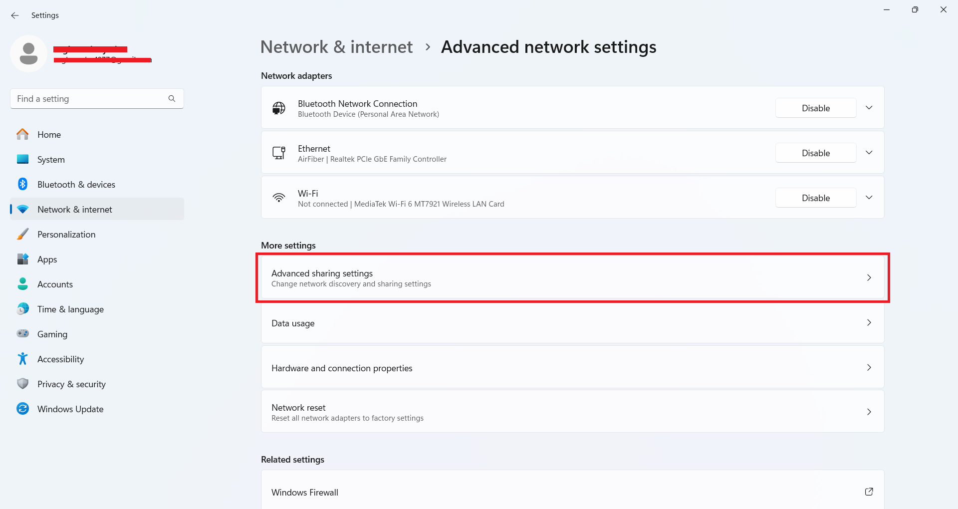Advanced network settings - open Advanced sharing settings Advanced network settings screen with Advanced sharing settings highlighted under More settings
