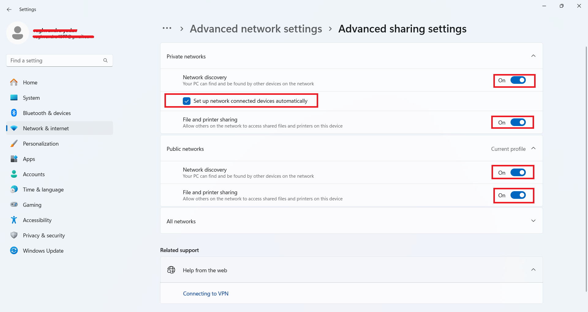 Enable Network discovery and File and printer sharing for Private and Public networks Advanced sharing settings - Network discovery and File and printer sharing toggled On for both Private and Public networks