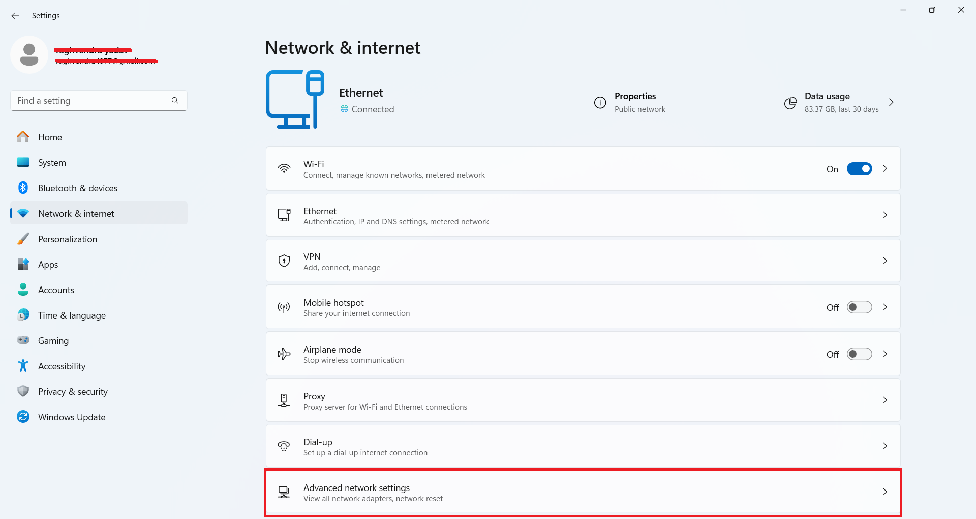 Windows Network & Internet - open Advanced network settings Windows Settings - Network & internet screen showing Advanced network settings at the bottom
